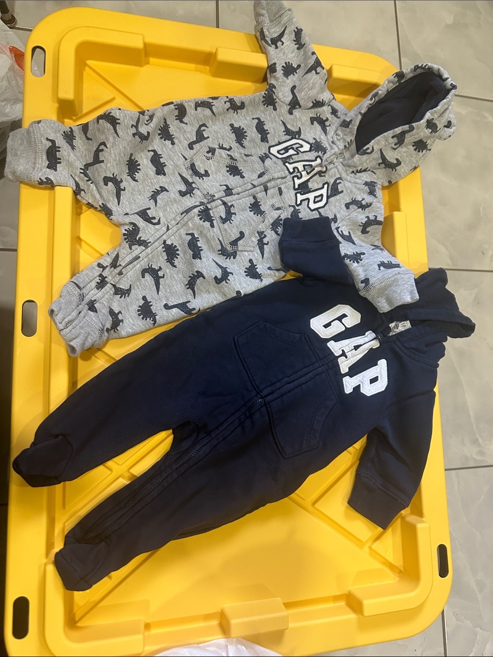 GAP Navy Hoodie Footed Jumpsuit with Gray Dinosaur Print Romper